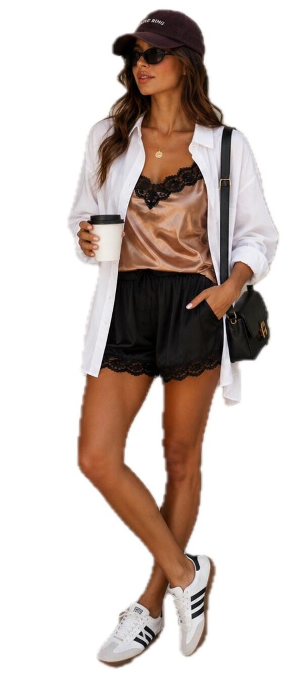 New Champagne and Black Satin Lace Cami Shorts Set Coordinating Large M 6
